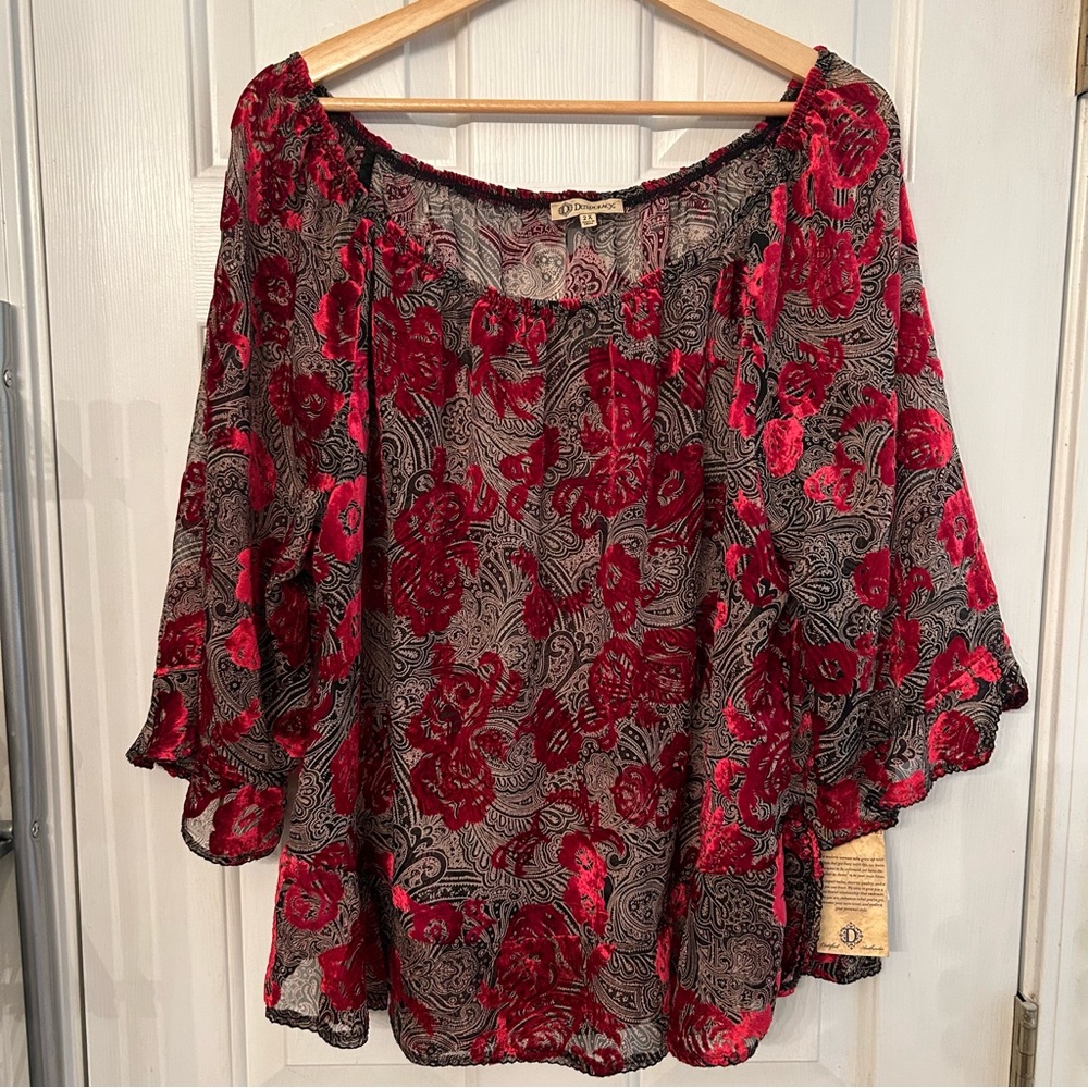 Democracy Red Floral Velvet Burnout Peasant Top